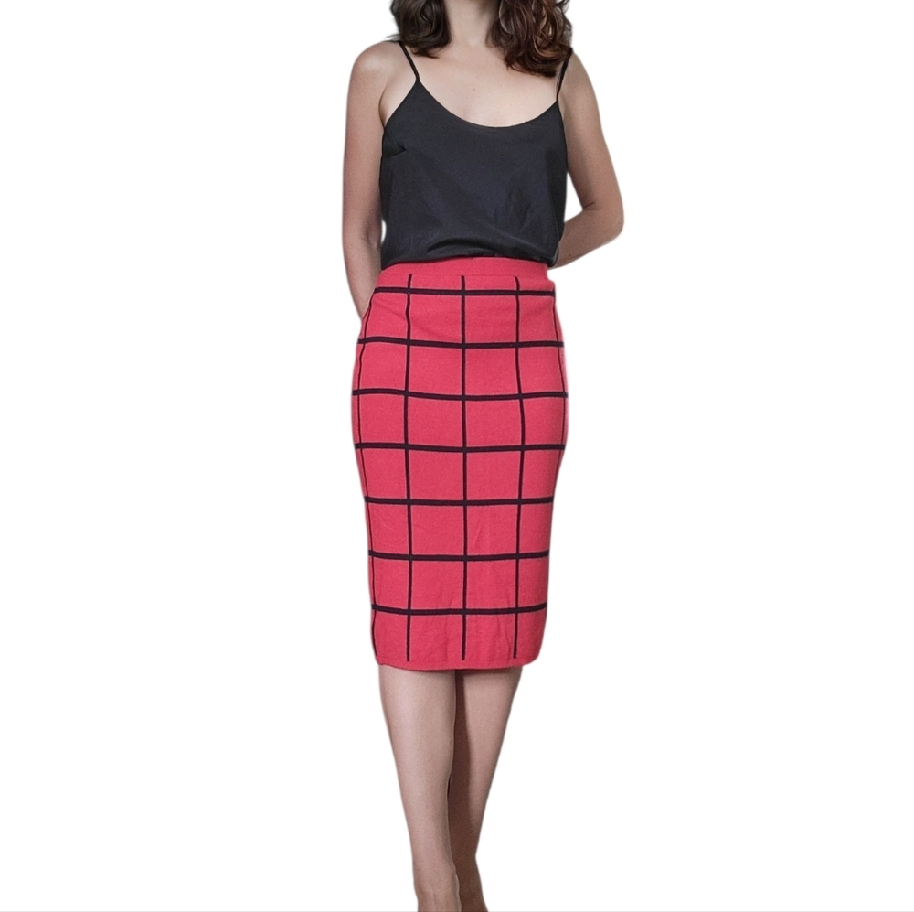 Spense Red and Black windowpane plaid Pencil Skirt Retro Sz.M